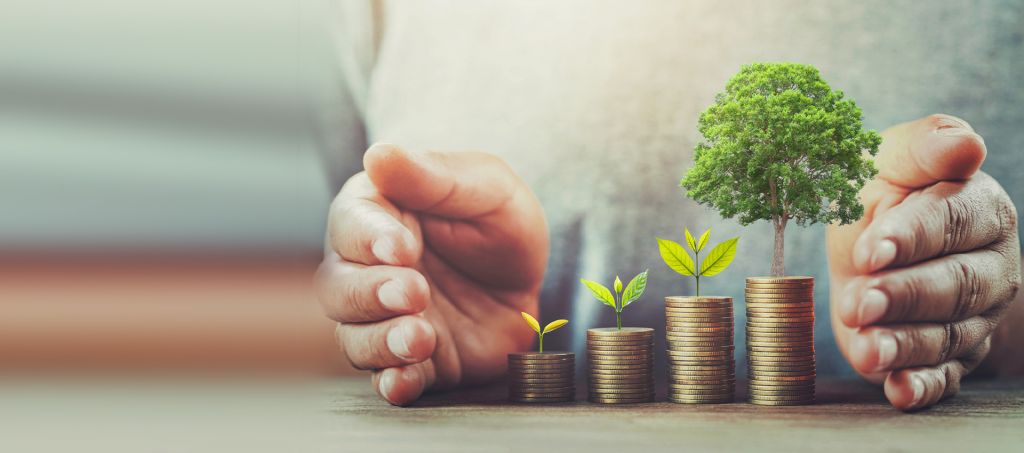 Plants growing out of stacks of coins